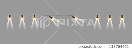 Spotlights casting light vertically and diagonally on a gray background Spotlights casting light vertically and diagonally on a gray background 138764461