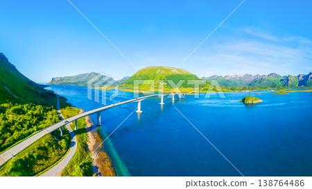 Aerial drone view of a scenic road and bridge in Lofoten islands, Norway. Aerial drone view of a scenic road and bridge in Lofoten islands, Norway. 138764486