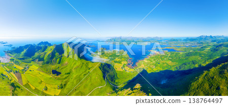 Aerial drone view of fjords and mountains in Lofoten islands, Norway. Aerial drone view of fjords and mountains in Lofoten islands, Norway. 138764497