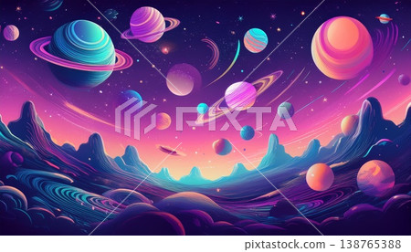 一幅生動活潑、普普藝術風格的太空背景插圖，描繪了色彩繽紛的行星和恆星。 138765388