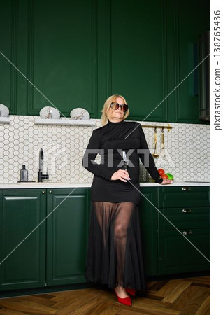 Pensive female figure with fashionable attire in cozy space 138765436