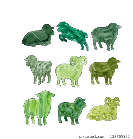 Watercolor-style green sheep set, natural colors, sheep illustration, transparent background. 138765552