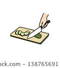 Slicing cucumbers, hands, knife, cutting, cooking process, vegetables, preparation, illustration 138765691