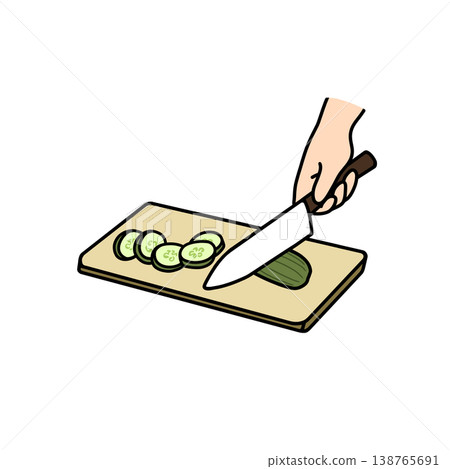 Slicing cucumbers, hands, knife, cutting, cooking process, vegetables, preparation, illustration Slicing cucumbers, hands, knife, cutting, cooking process, vegetables, preparation, illustration 138765691