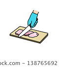 Wearing gloves while cutting meat; hygiene management; cooking process; knife; preparation; illustration 138765692