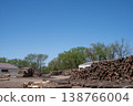 Large lumber yard with neatly stacked logs under clear blue sky during daytime in a rural setting 138766004