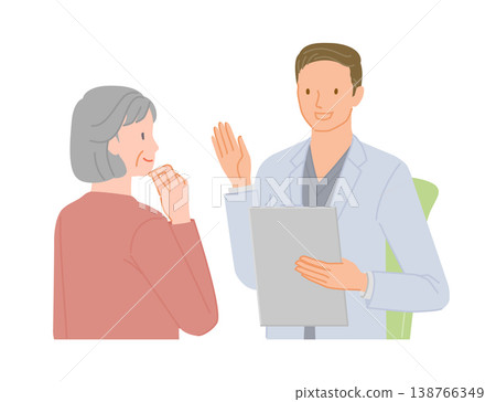 Medical illustration of a senior woman listening to a doctor's explanation during a consultation. 138766349