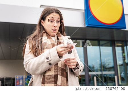 Cost of Living Crisis Woman Examining Shopping Bill 138766408