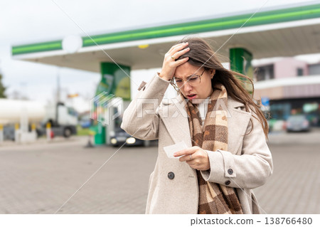 Fuel inflation concept woman shocked by gas receipt 138766480