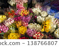 Bunches of colorful tulips in buckets at a street flower market. Vibrant spring bouquet selection of red, yellow and pink tulips at a florist shop. High quality photo 138766807