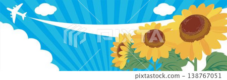 Sunflowers, summer blue sky and sun, contrail frame, banner, background illustration. Travel, leisure, summer vacation, trip. 138767051