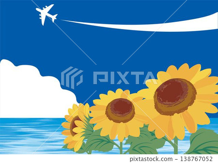 向日葵、夏日大海和飛機尾蹟的邊框、橫幅和背景插圖材料。適用於旅行、休閒、暑假、健行。 向日葵、夏日大海和飛機尾蹟的邊框、橫幅和背景插圖材料。適用於旅行、休閒、暑假、健行。 138767052