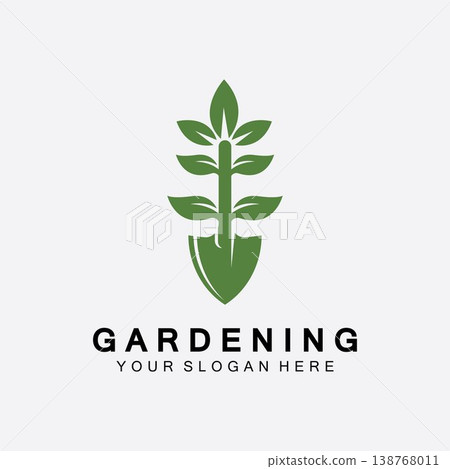 Gardening logo with shovel icon and tree with green leaves logo template. Gardening logo with shovel icon and tree with green leaves logo template. 138768011