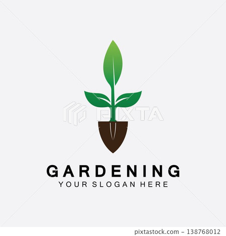 Gardening logo with shovel icon and tree with green leaves logo template. Gardening logo with shovel icon and tree with green leaves logo template. 138768012