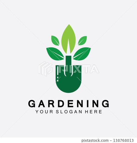 Gardening logo with shovel icon and tree with green leaves logo template. Gardening logo with shovel icon and tree with green leaves logo template. 138768013