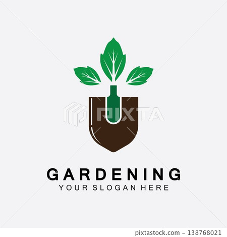 Gardening logo with shovel icon and tree with green leaves logo template. Gardening logo with shovel icon and tree with green leaves logo template. 138768021