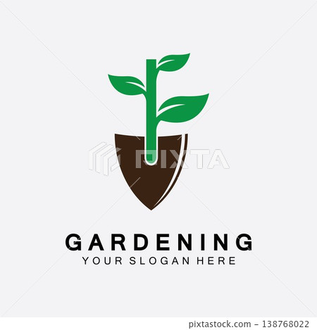 Gardening logo with shovel icon and tree with green leaves logo template. Gardening logo with shovel icon and tree with green leaves logo template. 138768022
