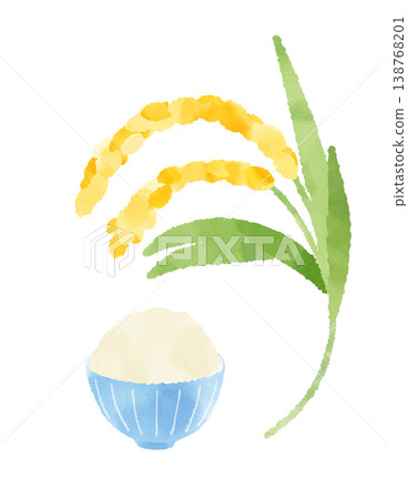 稻稈和一碗米飯 - 水彩插畫，可愛，風格化，淺藍色碗，日本食物，農業，材料 138768201