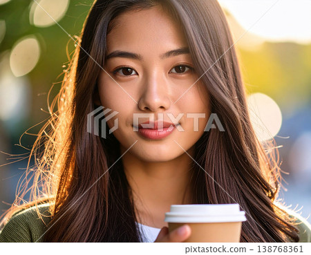 A young female employee smiling and holding a coffee at a cafe. 138768361