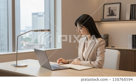 A young woman in a suit working on a computer in an office. 138768594