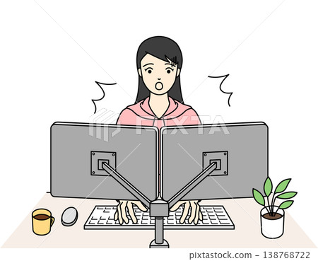 An illustration of a woman surprised by working on a computer with dual monitors. An illustration of a woman surprised by working on a computer with dual monitors. 138768722