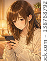 A close-up that distinctively captures the facial expression of a young woman. A close-up scene in a bedroom. 138768792