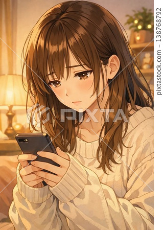 A close-up that distinctively captures the facial expression of a young woman. A close-up scene in a bedroom. A close-up that distinctively captures the facial expression of a young woman. A close-up scene in a bedroom. 138768792