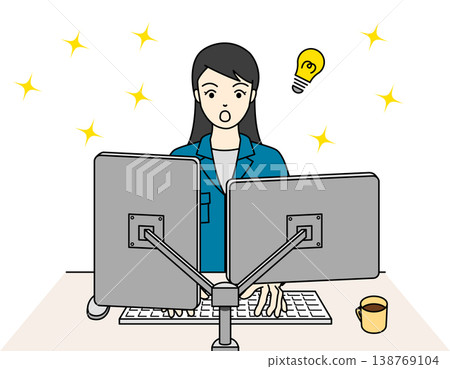 一幅插圖，描繪了一位身穿工作服的女性在電腦前工作時突然靈光一現。 138769104