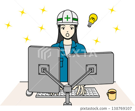 An illustration of a female worker who is surprised by a brilliant idea she comes up with while working in the on-site office. An illustration of a female worker who is surprised by a brilliant idea she comes up with while working in the on-site office. 138769107
