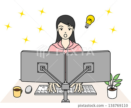 An illustration of a woman who is surprised to come up with a brilliant idea using dual monitors. An illustration of a woman who is surprised to come up with a brilliant idea using dual monitors. 138769110