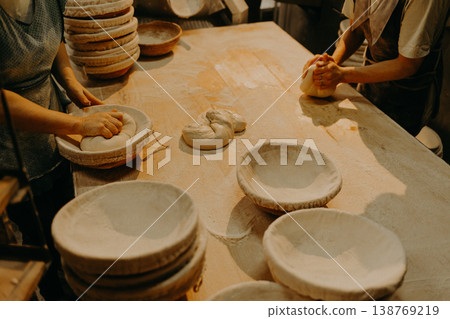 female hands in flour closeup kneading dough on table 138769219