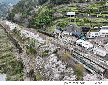 Oboke Station: Cherry blossoms and a KiHa 1000 series train stopped at the station (aerial photograph). Oboke Station: Cherry blossoms and a KiHa 1000 series train stopped at the station (aerial photograph). 138769293