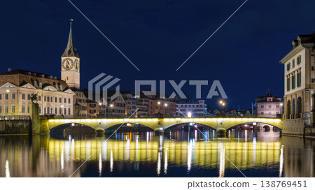 Elegant Zurich Arch Spans Limmat With Reflections Beneath Night Sky Elegant Zurich Arch Spans Limmat With Reflections Beneath Night Sky 138769451