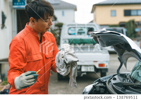 檢查引擎機油油位表，確認機油狀況。 138769511