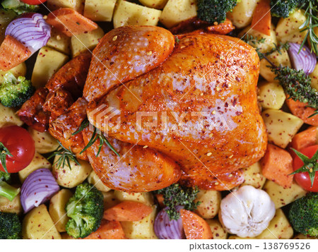 Main Dish Of Golden Roast Chicken With Vibrant Roasted Vegetables Main Dish Of Golden Roast Chicken With Vibrant Roasted Vegetables 138769526