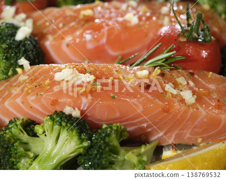 Grilled Salmon With Herbs. Fresh Salmon Paired With Seasoned Vegetables Grilled Salmon With Herbs. Fresh Salmon Paired With Seasoned Vegetables 138769532