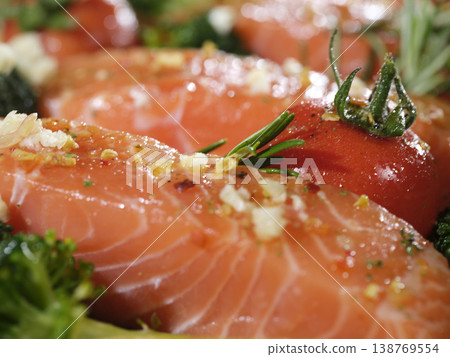 Premium Salmon Fillet Artfully Prepared With Fresh Ingredients For Menu Branding Premium Salmon Fillet Artfully Prepared With Fresh Ingredients For Menu Branding 138769554