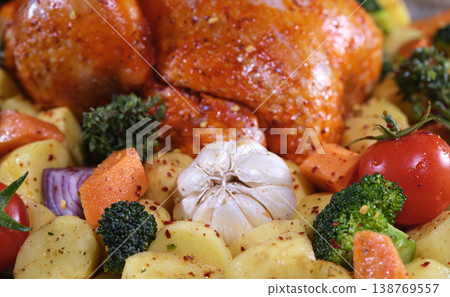 Hearty Family Feast Featuring Roasted Chicken And Colorful Vegetables Hearty Family Feast Featuring Roasted Chicken And Colorful Vegetables 138769557