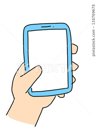 Hand-drawn style illustration of a hand operating a smartphone, transparent PNG background. 138769678
