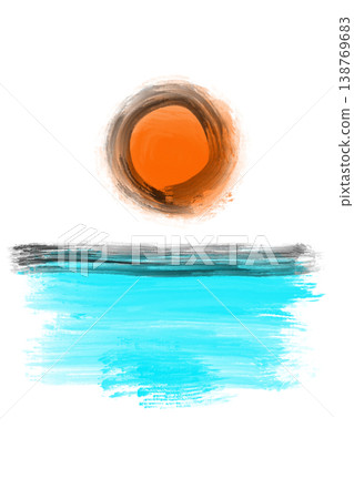 Hand-drawn style illustration of the sea and sun, transparent PNG background. 138769683