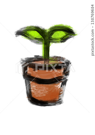 Hand-drawn style illustration of plants and flowerpots, transparent PNG background. 138769684