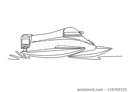 Single continuous line drawing high-performance racing speedboat, hydroplane skimming across the water. Speed, nautical precision, aquatic engineering. One line draw graphic design vector illustration 138769725