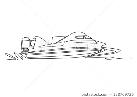 Single continuous line drawing high-speed motorboat or speedboat slicing through the water. Aerodynamic hull, wake of water, summer vacation branding. One line draw graphic design vector illustration 138769726