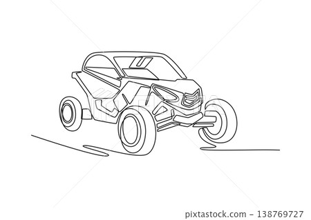 Single continuous line drawing off-road buggy or side-by-side vehicle, desert racing trail exploration. High-energy motor sport branding and adventure. One line draw graphic design vector illustration 138769727