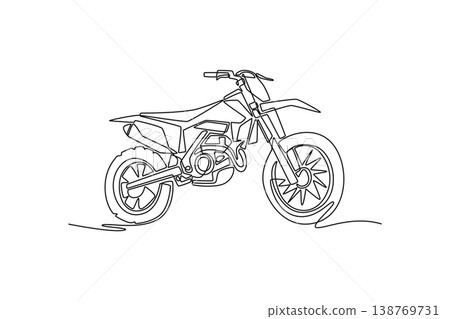 Single continuous line drawing enduro or motocross bike with focus on its high suspension and rugged tire treads. Extreme off-road sports motorcycling. One line draw graphic design vector illustration Single continuous line drawing enduro or motocross bike with focus on its high suspension and rugged tire treads. Extreme off-road sports motorcycling. One line draw graphic design vector illustration 138769731