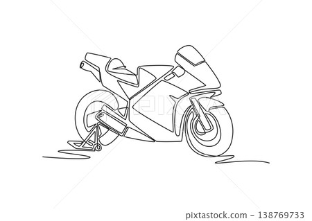 Single one line drawing high-performance sport motorcycle on paddock stand. Aerodynamic fairing, professional track racing and automotive speed. Continuous line draw design graphic vector illustration Single one line drawing high-performance sport motorcycle on paddock stand. Aerodynamic fairing, professional track racing and automotive speed. Continuous line draw design graphic vector illustration 138769733