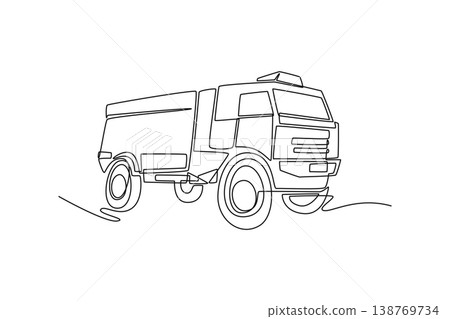 Single one line drawing heavy-duty expedition truck or overland vehicle. Boxy cargo area, large wheels, conveying sense of industrial strength. Continuous line draw design graphic vector illustration Single one line drawing heavy-duty expedition truck or overland vehicle. Boxy cargo area, large wheels, conveying sense of industrial strength. Continuous line draw design graphic vector illustration 138769734
