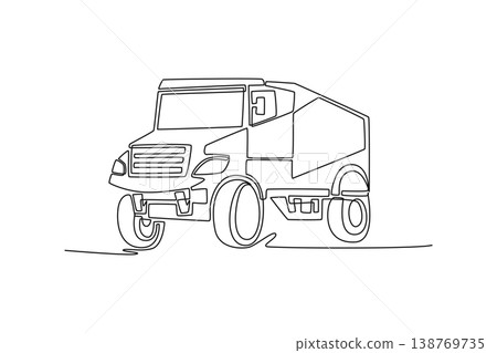 Single one line drawing heavy duty overland camper truck, capturing rugged cargo body and large wheels, perfect for travel and adventure themes. Continuous line draw design graphic vector illustration Single one line drawing heavy duty overland camper truck, capturing rugged cargo body and large wheels, perfect for travel and adventure themes. Continuous line draw design graphic vector illustration 138769735