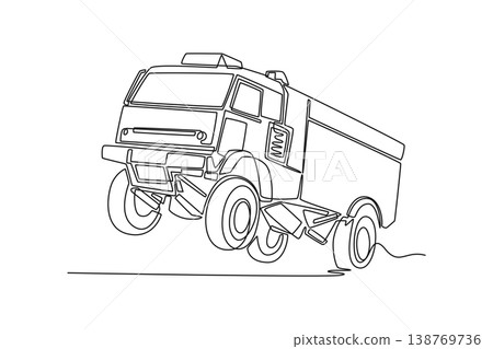 Single one line drawing powerful off-road expedition truck jumping through the air, energetic illustration of extreme motor sports and travel. Continuous line draw design graphic vector illustration 138769736
