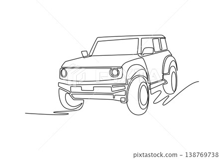 Single one line drawing modern off-road SUV rendered with dynamic aesthetic. Bold front grille, high ground clearance, adventure-themed project. Continuous line draw design graphic vector illustration Single one line drawing modern off-road SUV rendered with dynamic aesthetic. Bold front grille, high ground clearance, adventure-themed project. Continuous line draw design graphic vector illustration 138769738